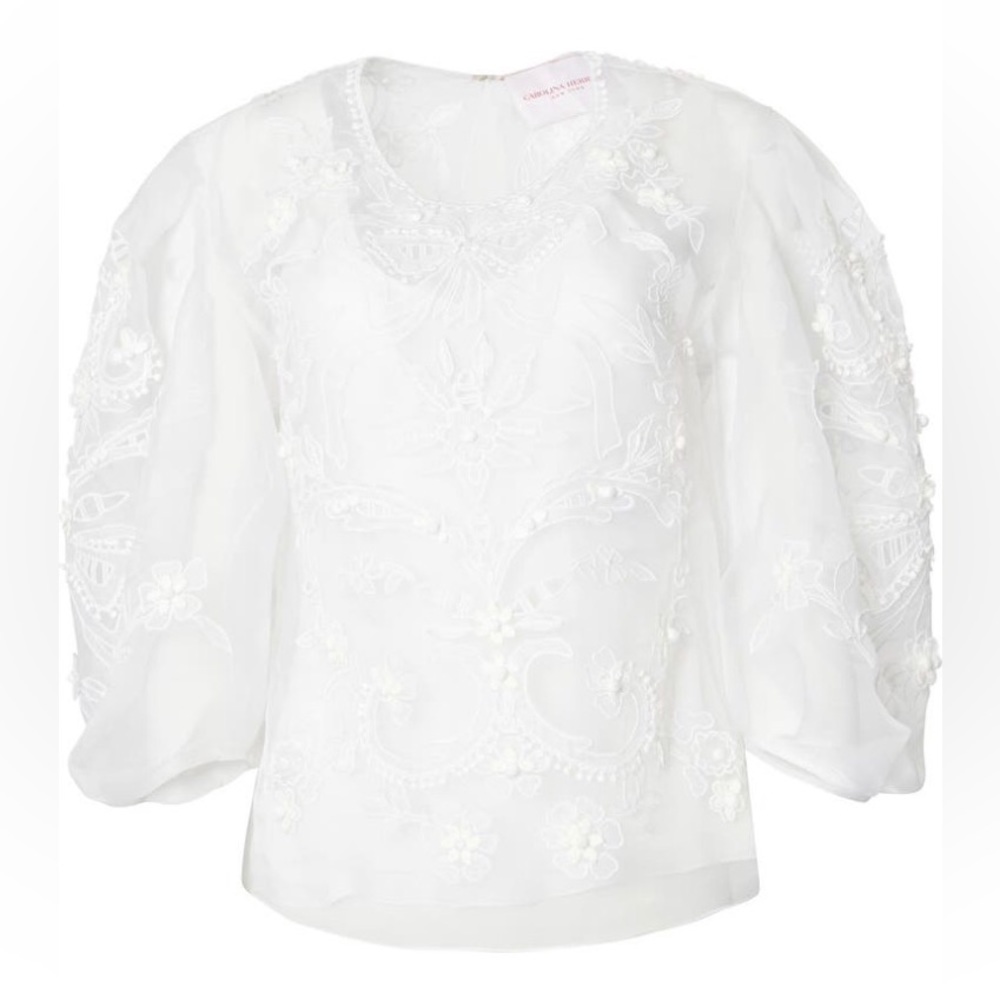 NWT $1890 Carolina Herrera Embroidered Puff Sleeve Silk Organza Blouse, White, 4 - Picture 6 of 6